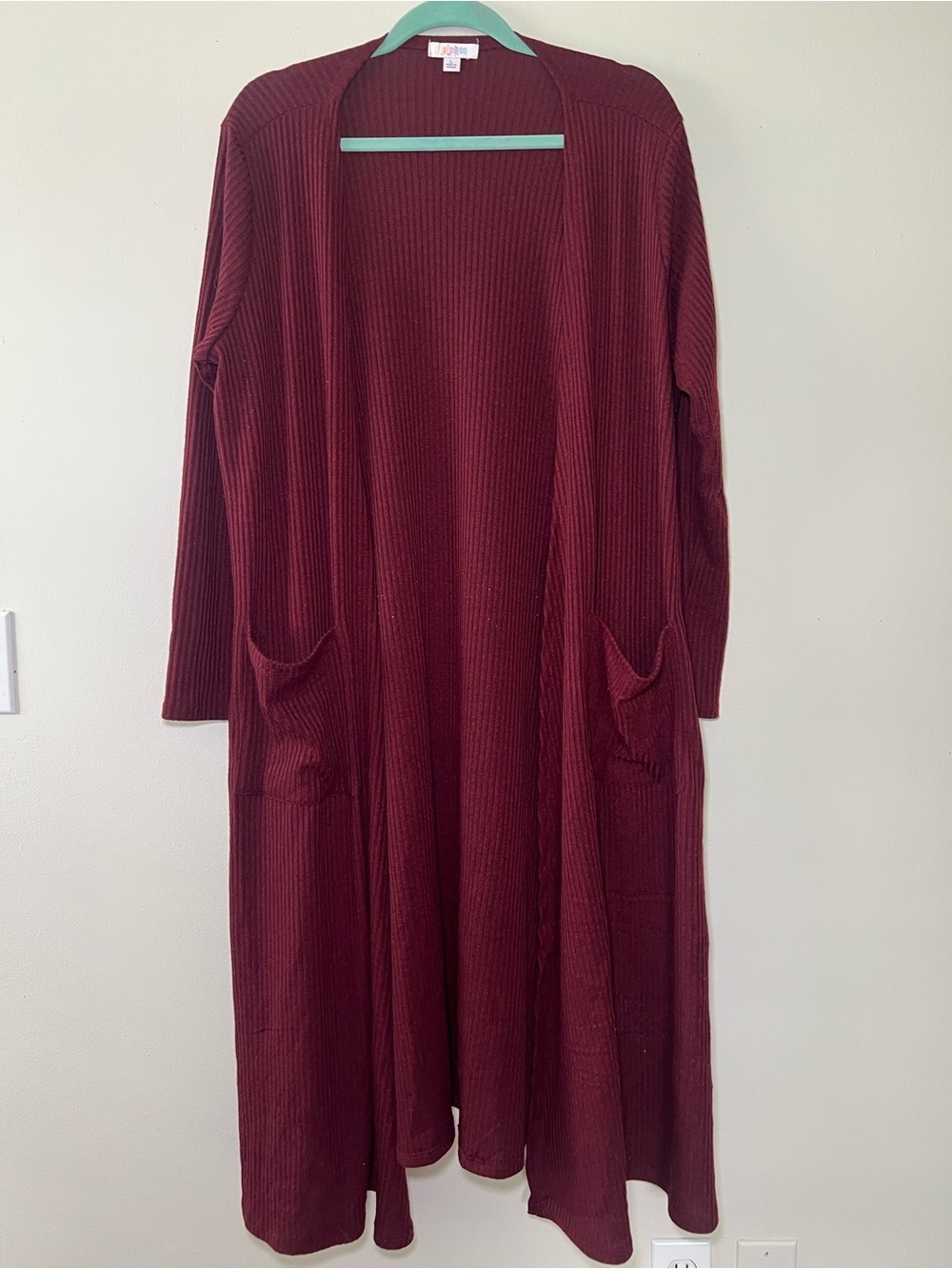 LuLaRoe Long Ribbed Open-Front Cardigan Dress in Deep Wine